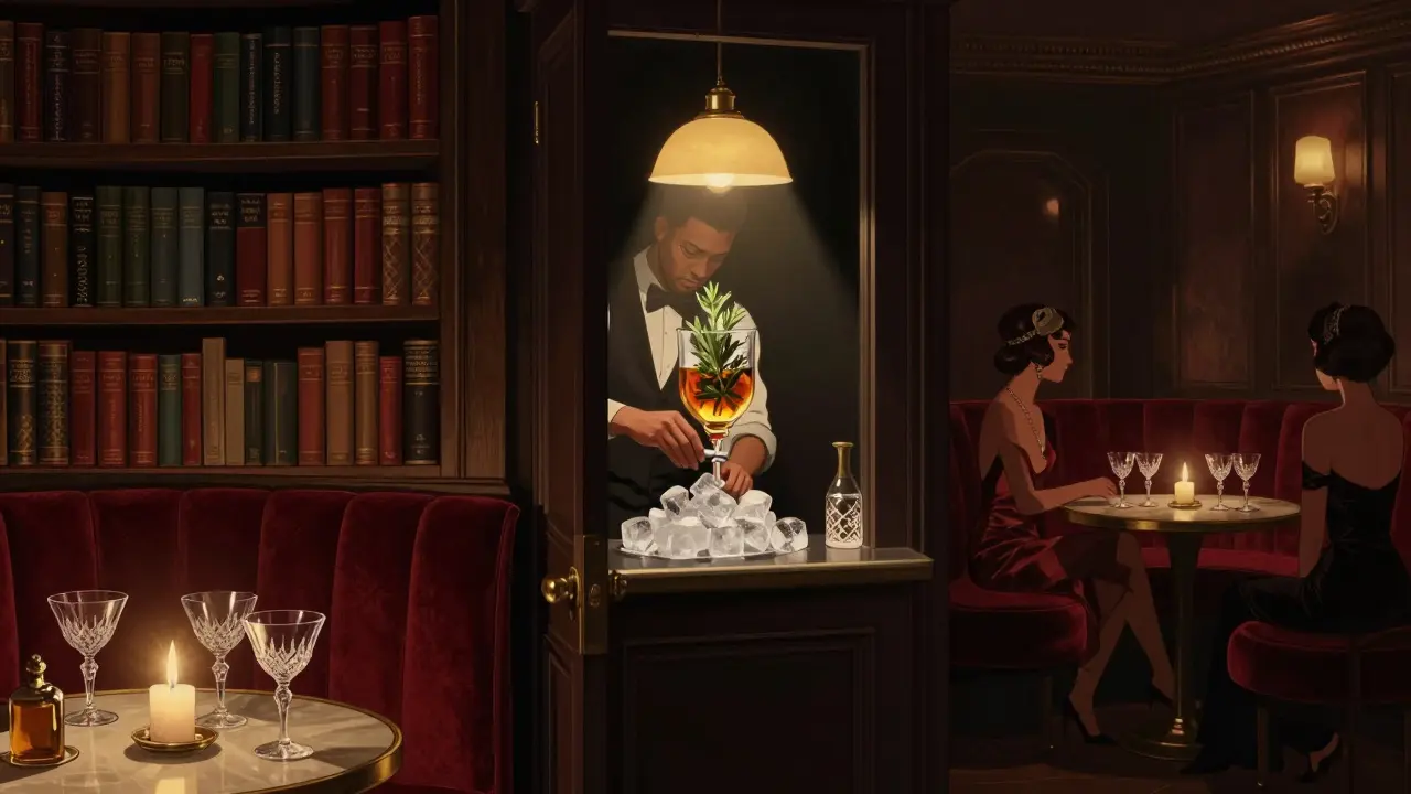 A hidden speakeasy lounge with candlelit cocktails and velvet seating, accessed through a bookshelf door.