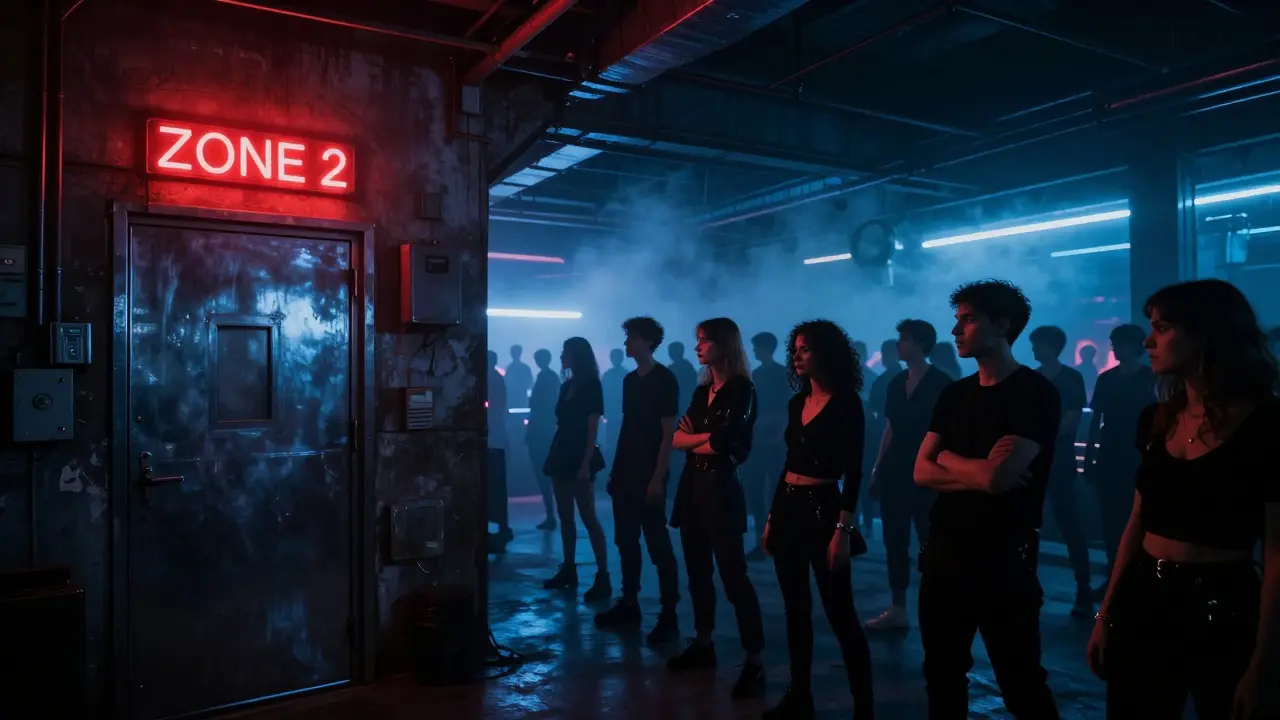 A hidden underground techno club entrance with a flickering red light and crowd in black attire.