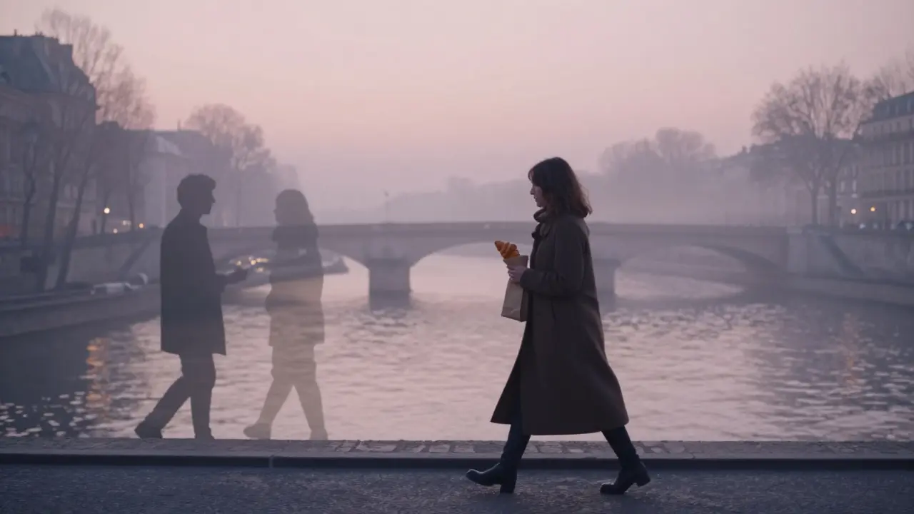 A lone walker by the Seine sees a ghostly reflection of a companion who isn&#039;t there, symbolizing emotional presence.
