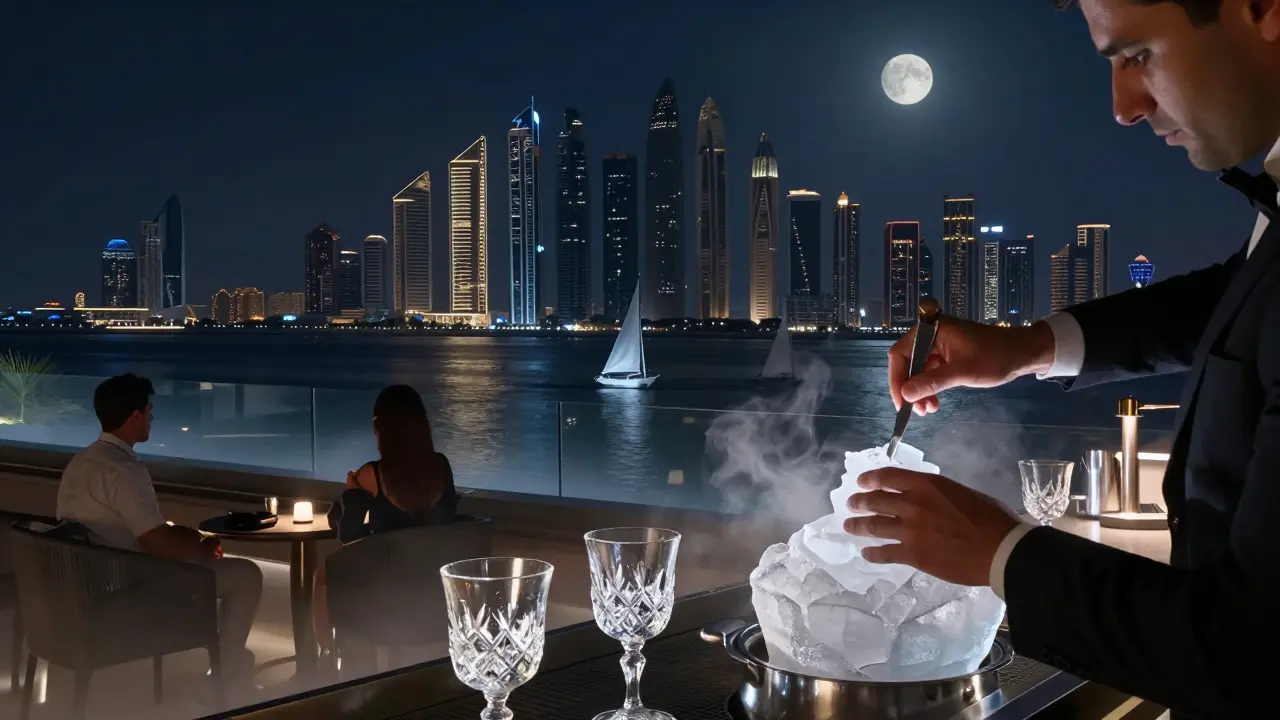 A luxury rooftop bar at night with a view of the Gulf, crystal glasses, and a mixologist crafting drinks under moonlight.