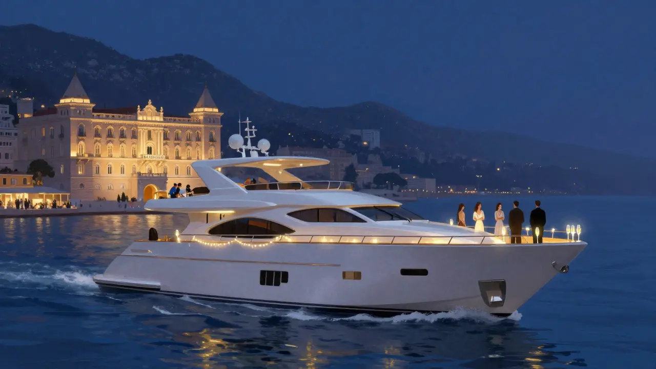 A luxury yacht cruising at night along Monaco’s coast, guests enjoying champagne with the Prince’s Palace glowing in the distance.