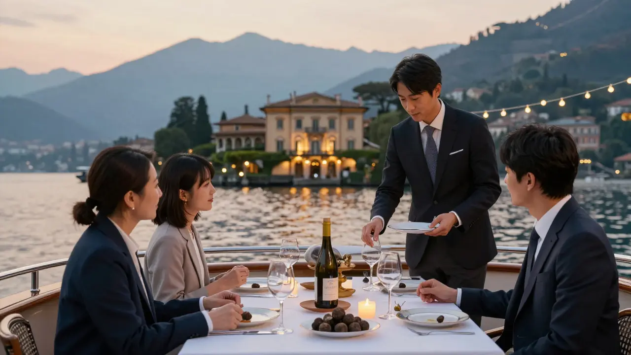 A luxury yacht on Lake Como at sunset, with guests dining under string lights as mountains fade into the horizon.