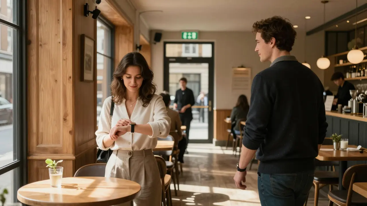 A man and woman meeting for the first time in a safe, well-lit London café.