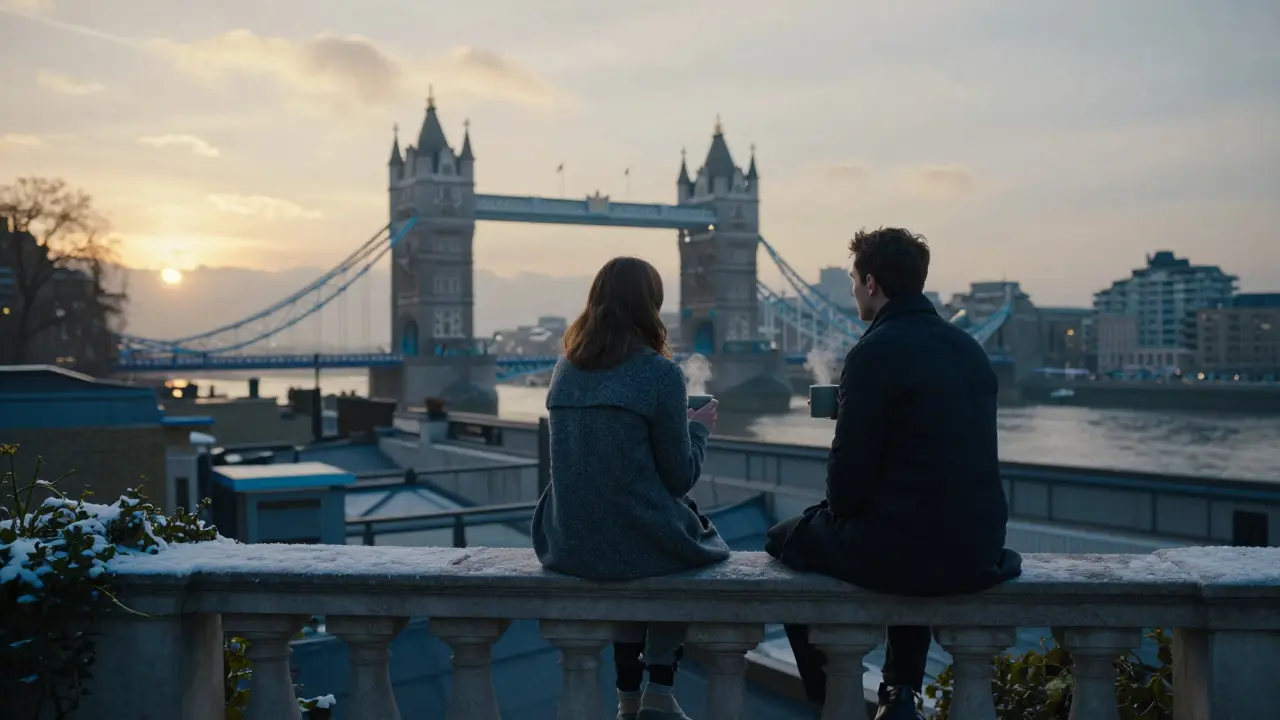 A man and woman watch the sunrise over Tower Bridge from a snowy rooftop garden at dawn, sharing quiet companionship.