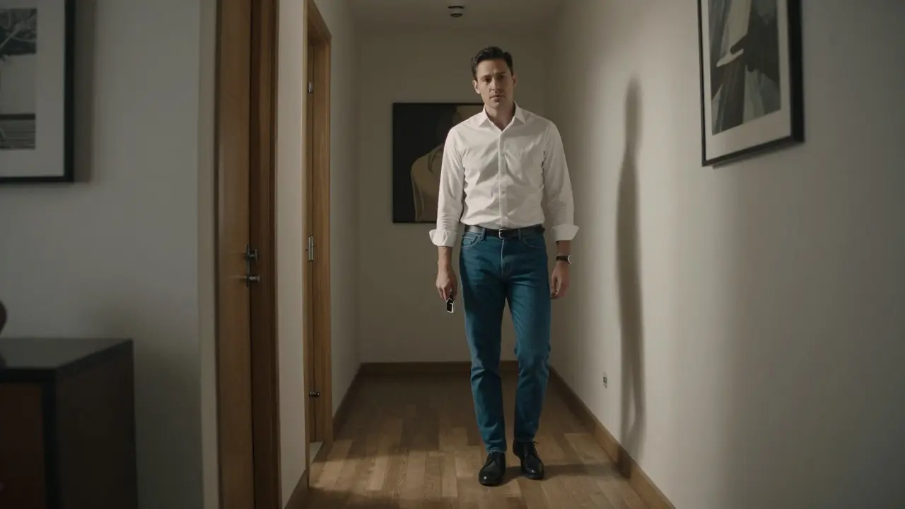 A man enters a quiet residential apartment building in Milan, dressed casually yet neatly, no visible branding or signs.