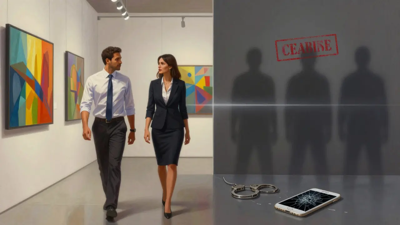 A man in business attire at an art gallery, with legal consequences subtly looming behind him.