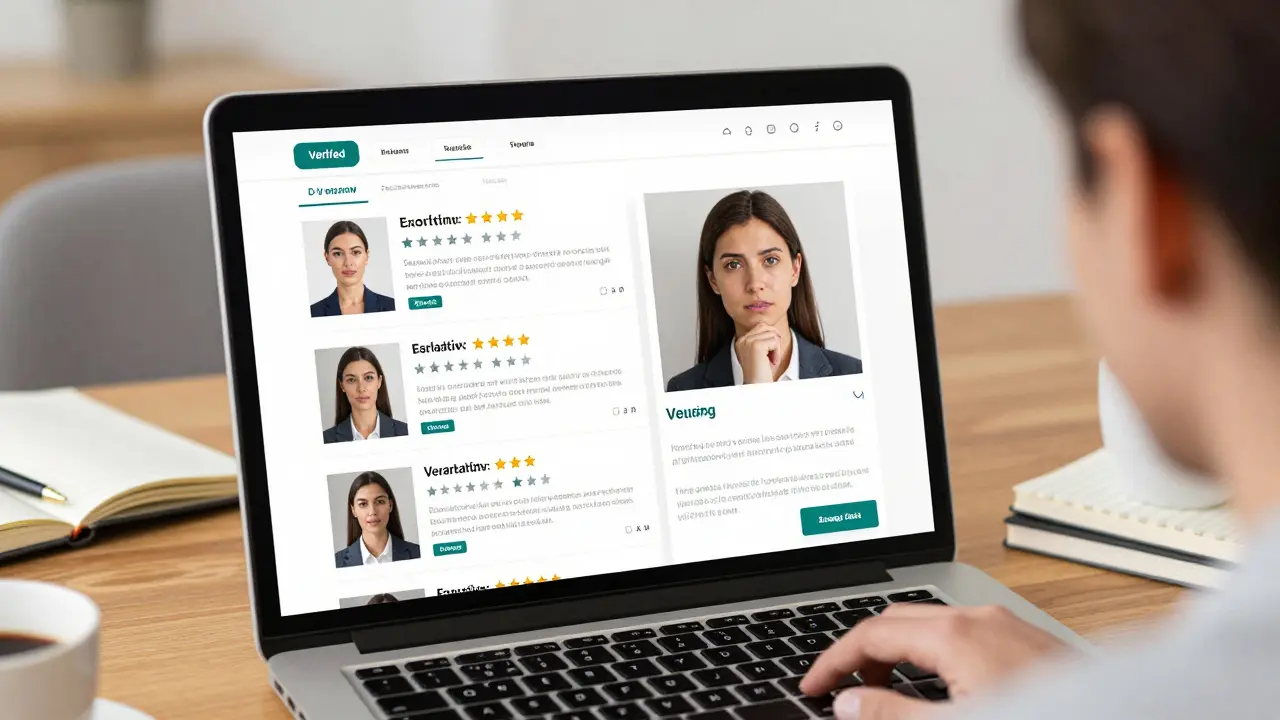 A man reviewing a verified escort profile on a laptop, emphasizing safety and transparency.