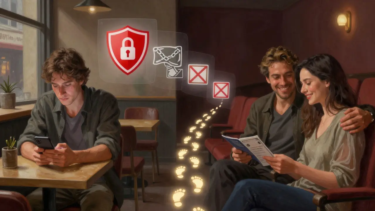 A man transitions from loneliness in a café to genuine companionship at a theater, symbolizing alternatives to escort services.