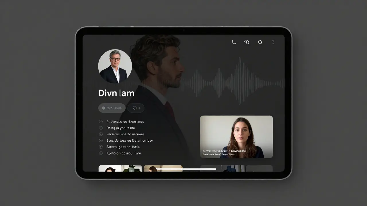A minimalist digital companion profile on a black tablet, showing languages, travel destinations, and a soft audio waveform.