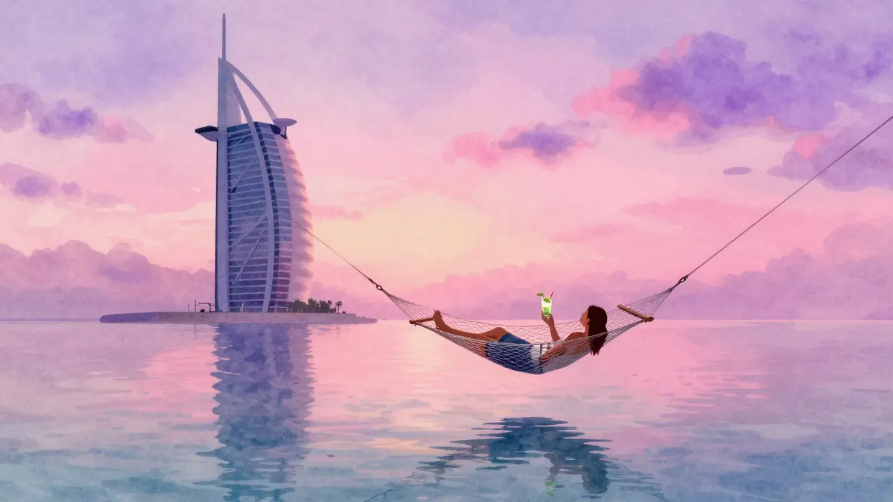 A person floating on a hammock above the sea at sunset, watching the Burj Al Arab silhouette against colorful skies.