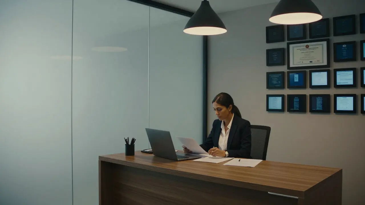 A professional agency office in Abu Dhabi with encrypted devices and a legal license displayed on the wall.