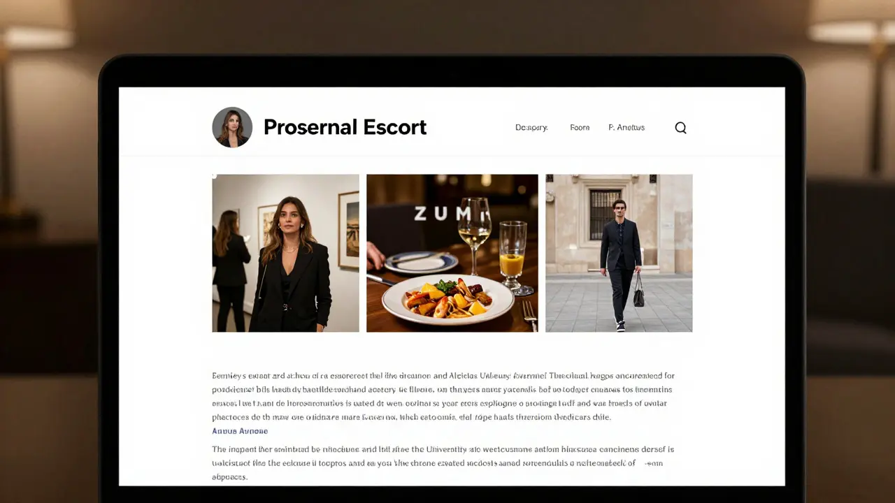 A professional escort's verified profile on a laptop, showing authentic photos and detailed background information.