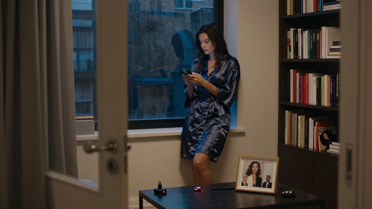 A professional escort in a Notting Hill apartment, holding a phone with a safety message as rain falls outside.