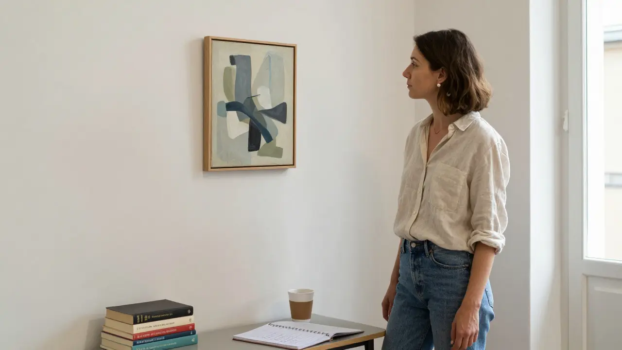 A professional woman in Le Marais stands before a painting in a quiet, sunlit art gallery.