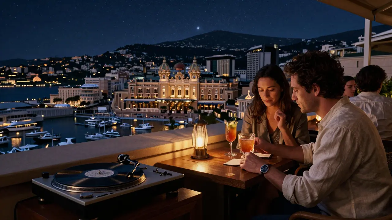 A quiet rooftop bar with a vinyl turntable, guests sipping cocktails under the stars, overlooking Monaco’s harbor and hills.
