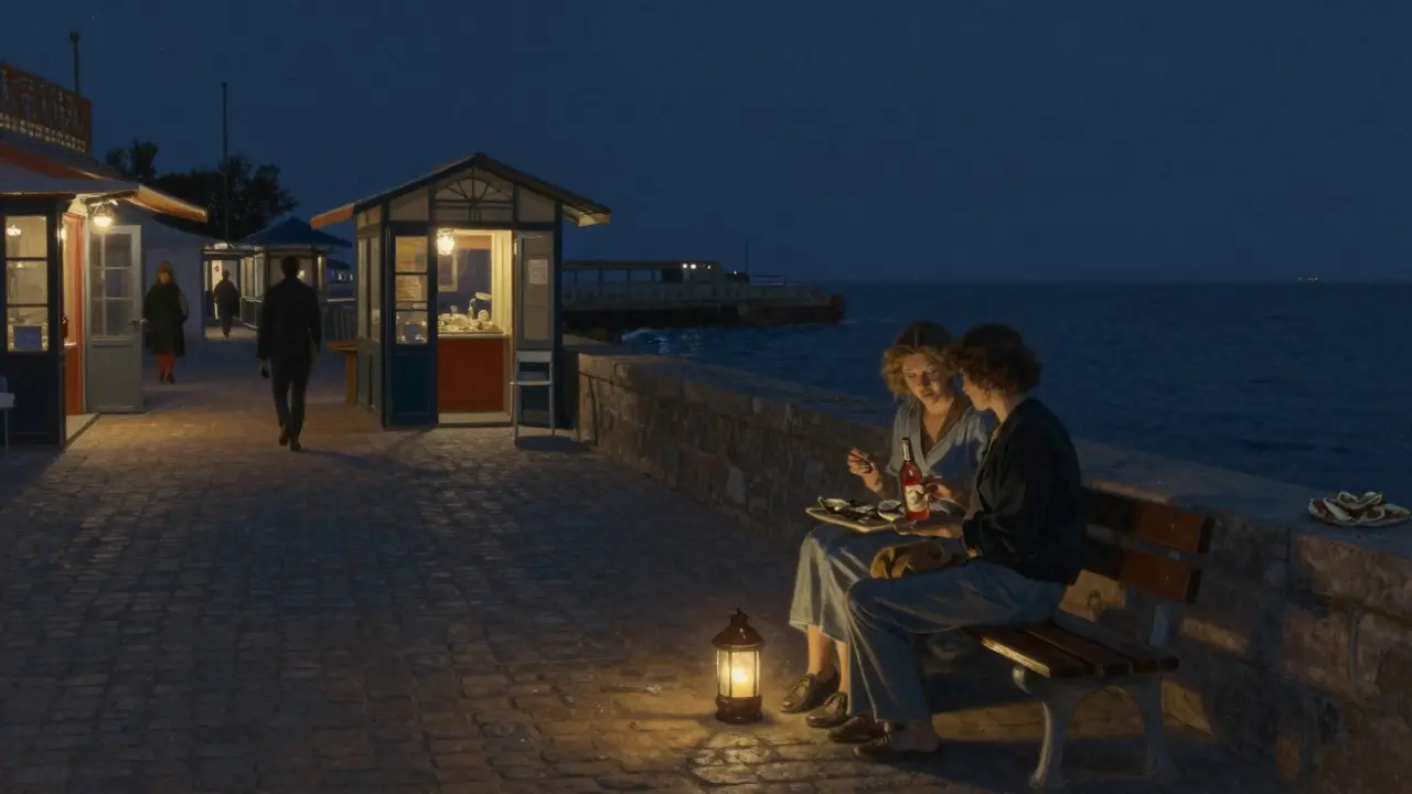 A romantic nighttime walk on Promenade des Pêcheurs with lanterns and oysters on a wooden bench.