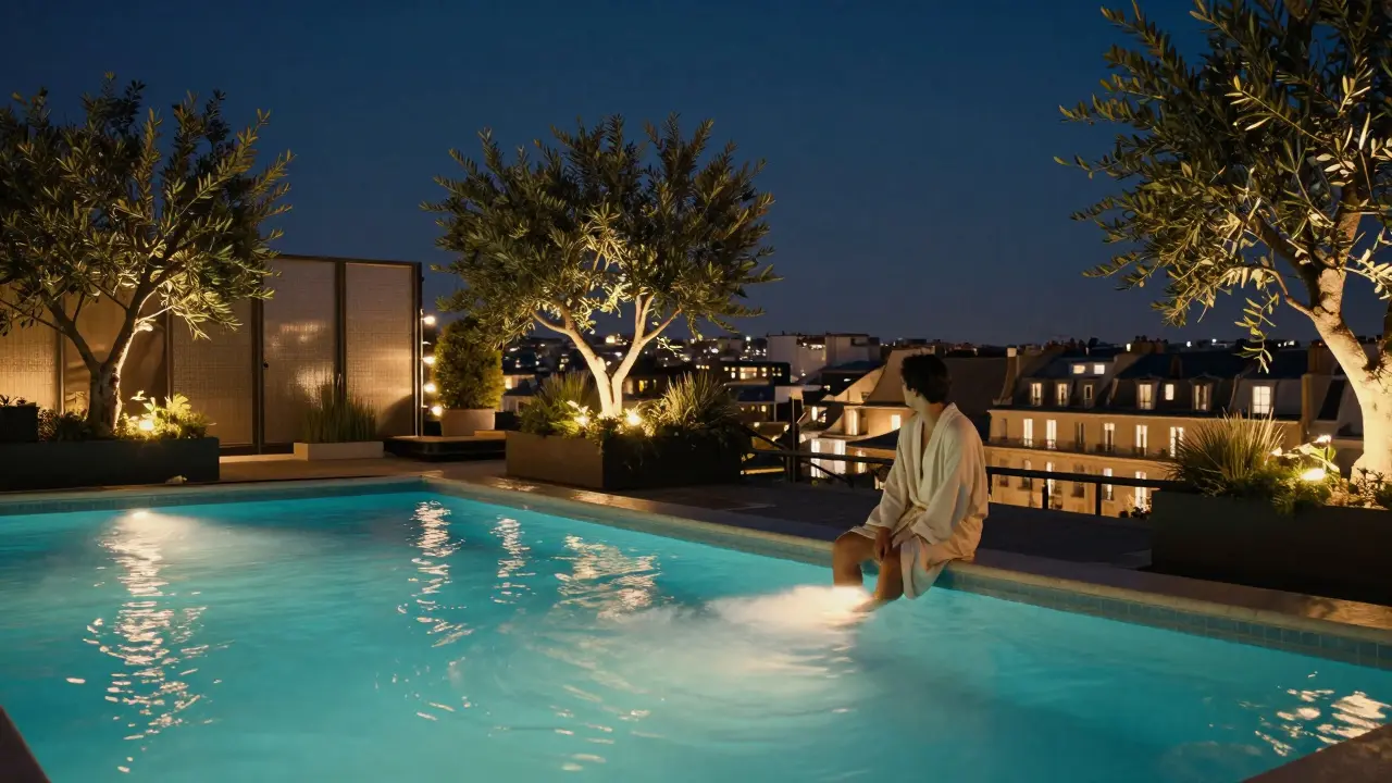A secluded rooftop pool at night, surrounded by olive trees, with the city lights glowing in the distance.
