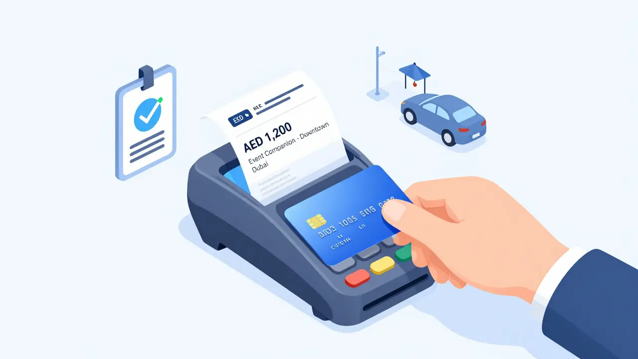 A secure payment receipt for a professional escort service in Dubai with safety symbols.