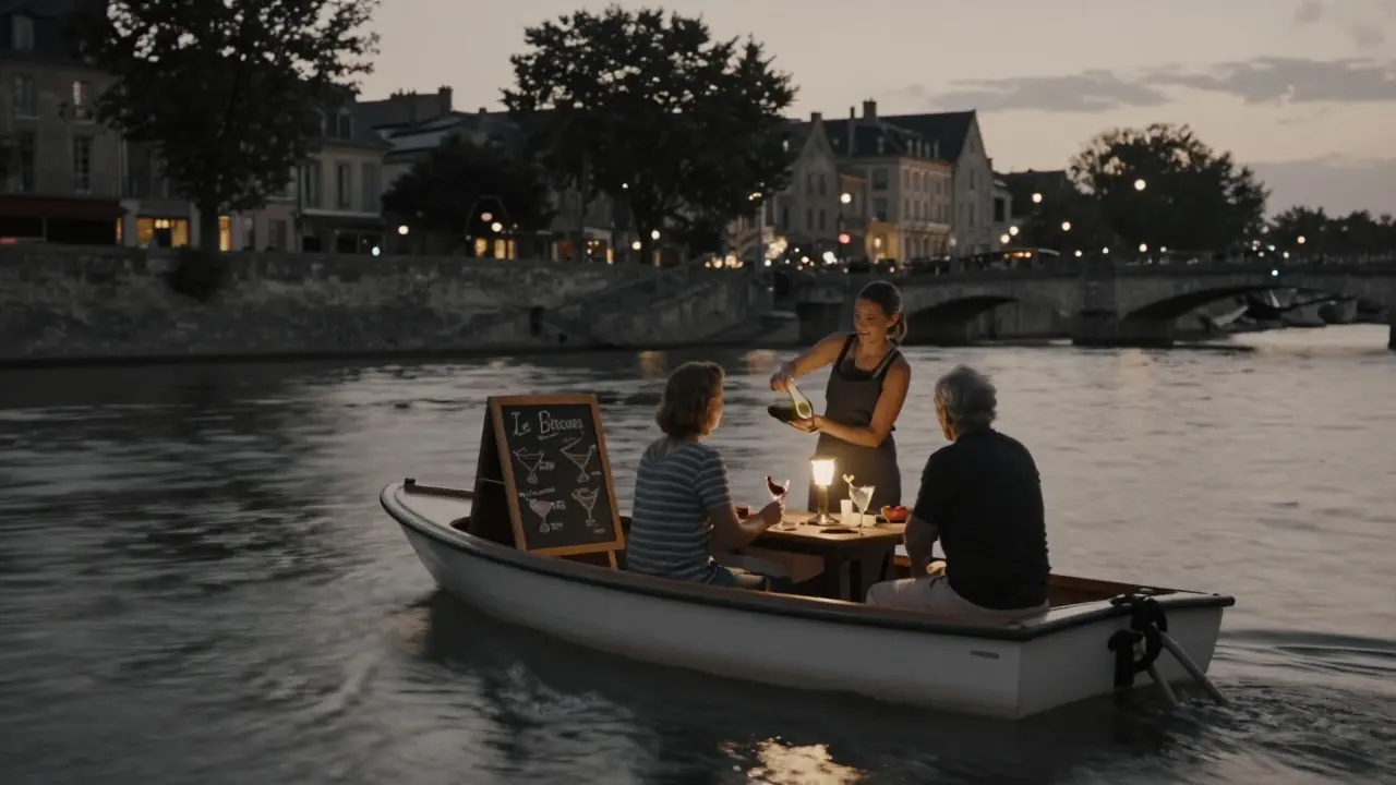 A small retro boat at dusk with two people sharing champagne, soft light reflecting on the quiet river.