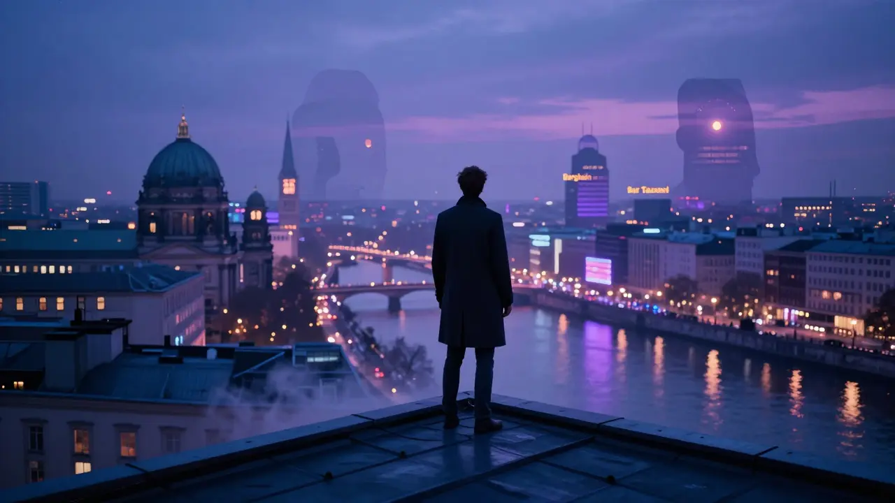 A solitary figure on a Berlin rooftop surrounded by glowing, floating silhouettes of iconic nightspots.