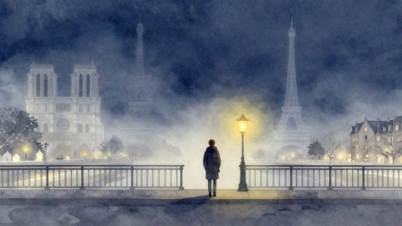 A solitary figure on a bridge at night, surrounded by faint outlines of Parisian landmarks.