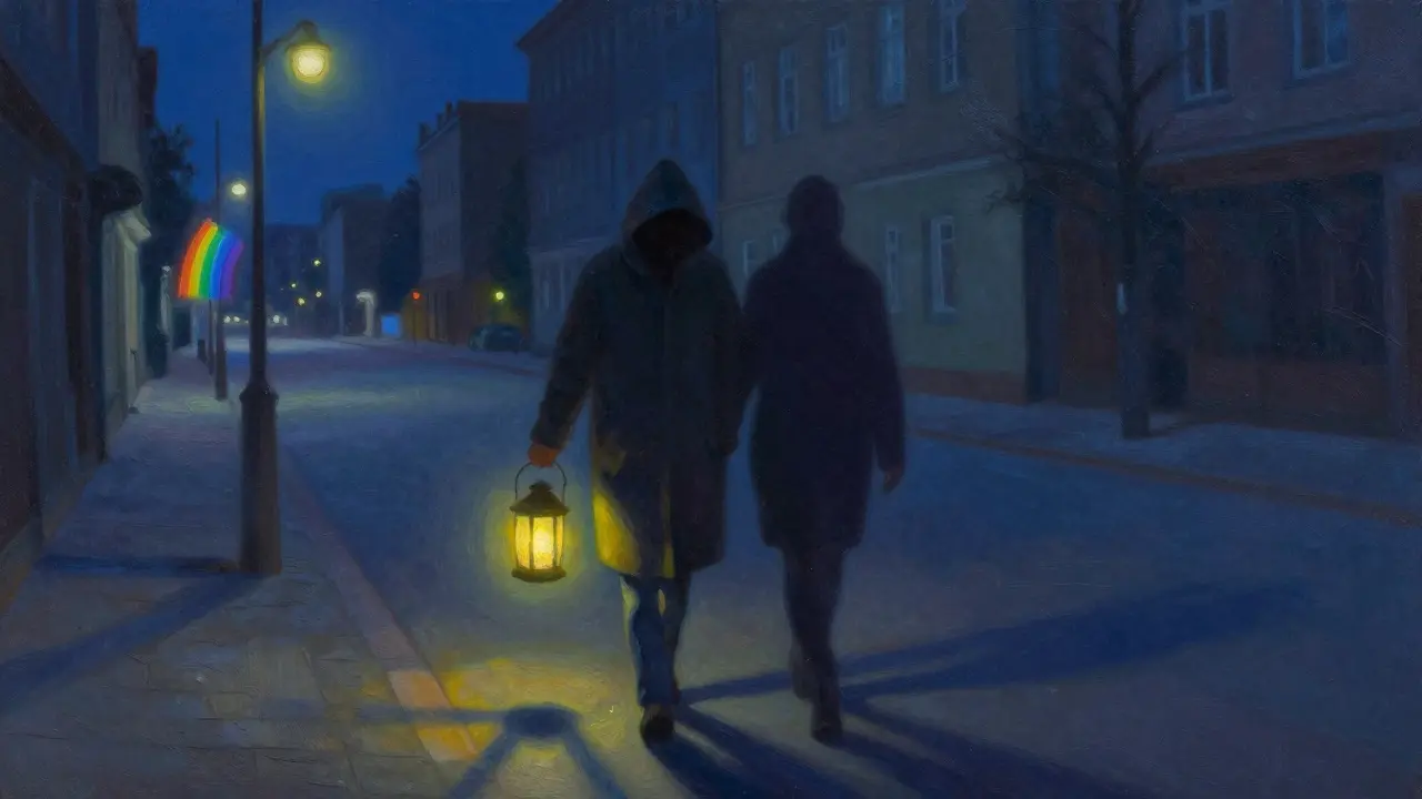 A symbolic night scene in Berlin with a lantern-lit figure walking beside a shadow, representing quiet emotional support.