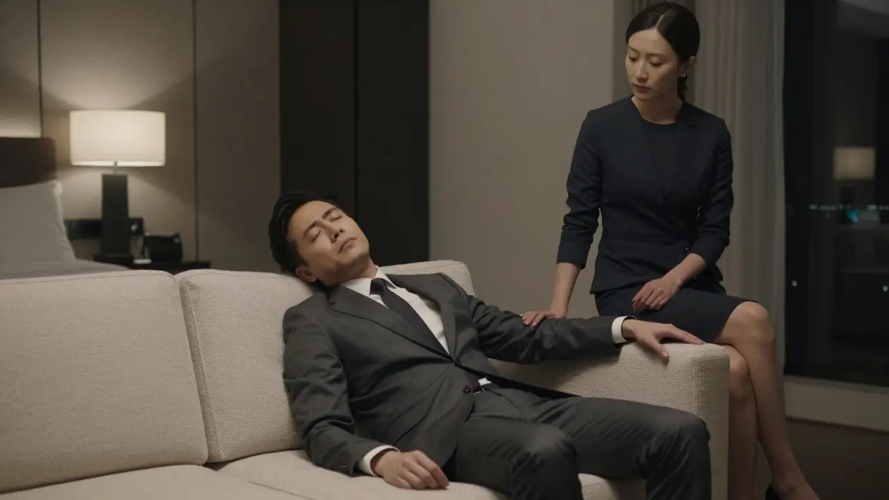 A tired executive resting in a luxury hotel suite while a professional companion listens quietly beside him.