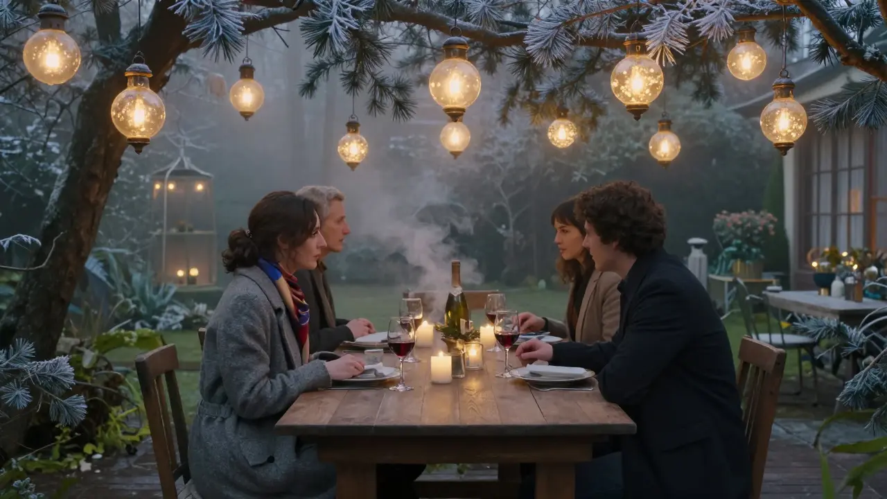 A winter garden dinner under glowing glass lanterns, surrounded by frosty trees and quiet elegance.