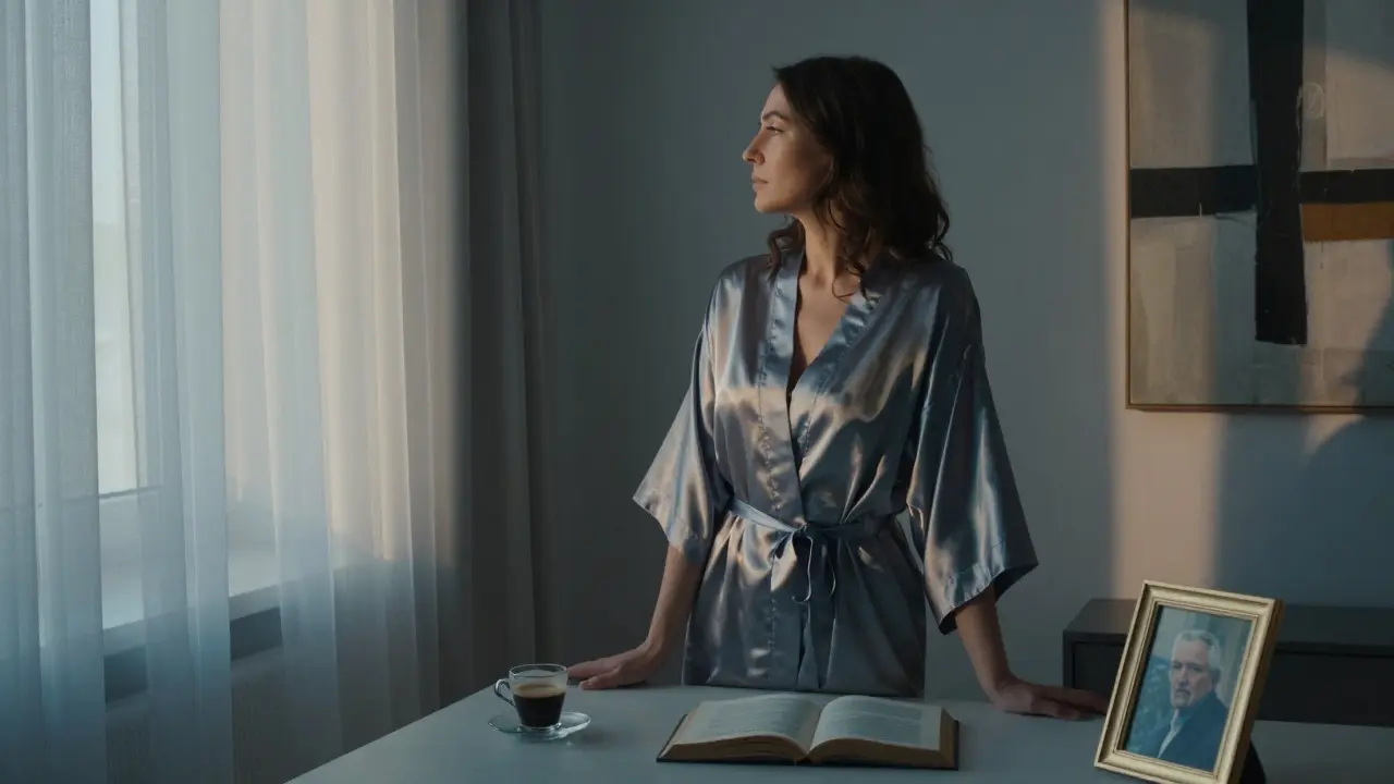 A woman in a silk robe gazing out a window at dawn, alone in a minimalist apartment with coffee and poetry.