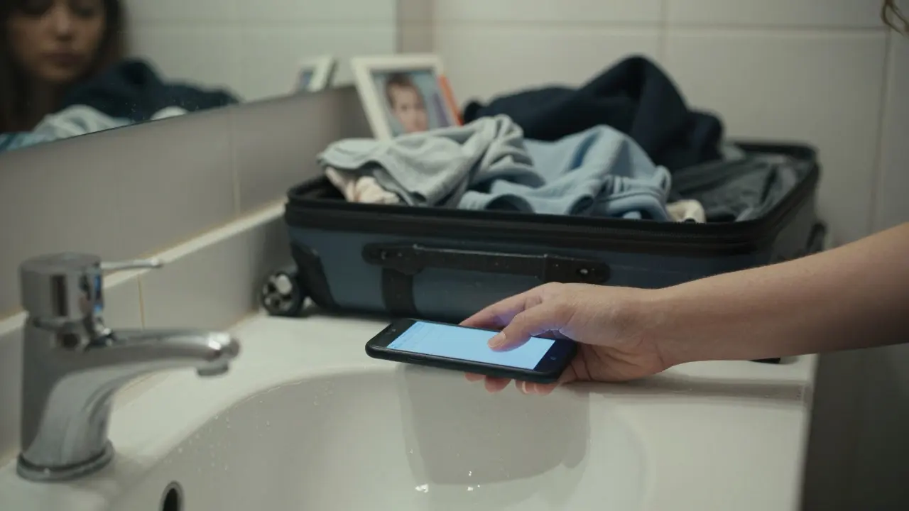 A woman places a burner phone on a bathroom counter, her only personal item a photo of a child visible in the background.