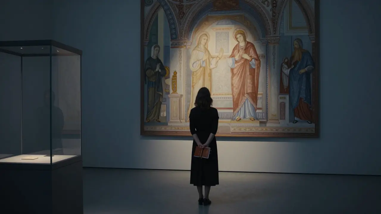 A woman stands before a Renaissance fresco in a quiet art gallery, illuminated by a single spotlight, shadowy observer nearby.