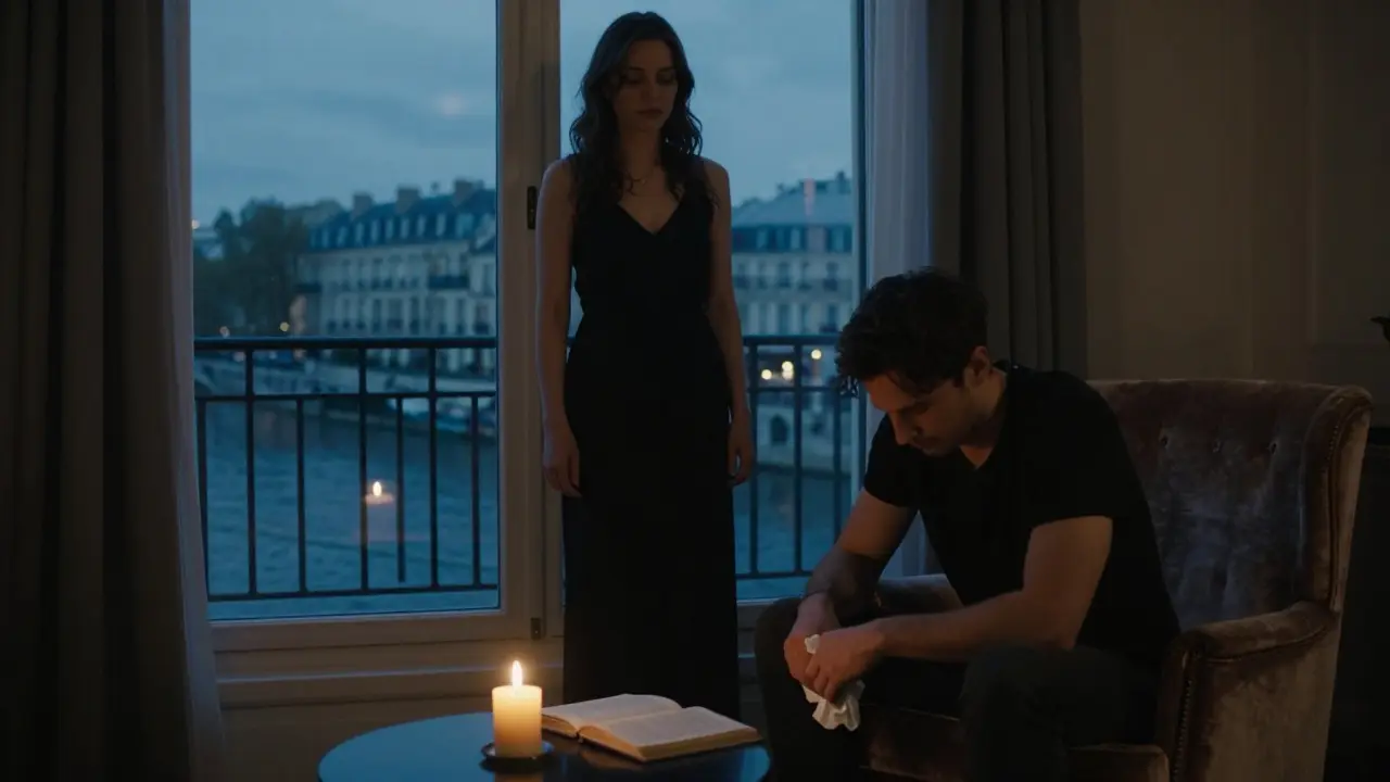 A woman stands by a window as a man sits quietly in an armchair, candlelight illuminating their unspoken connection.