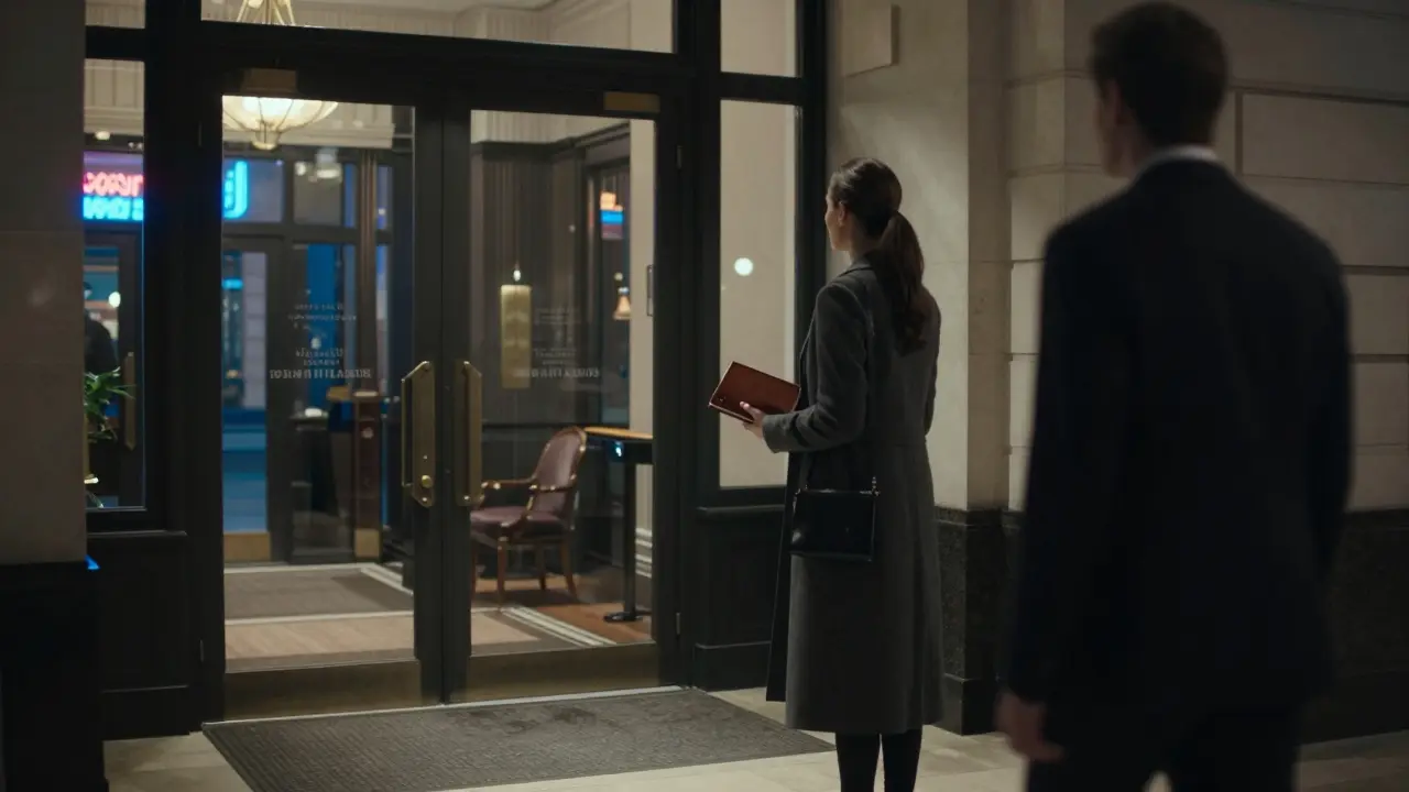 A woman waiting in a hotel lobby at night, man approaching cautiously, lighting emphasizes space and caution.
