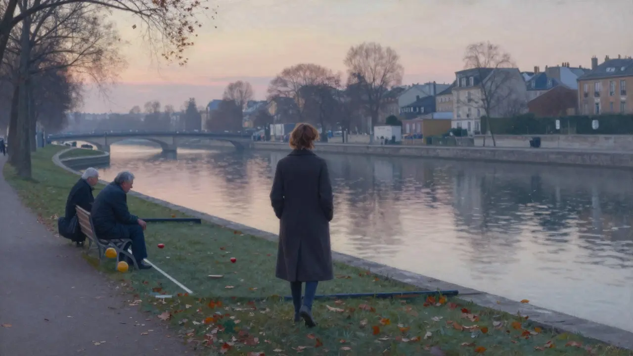 A woman walking alone along the Canal Saint-Martin at sunrise, watching men play pétanque.