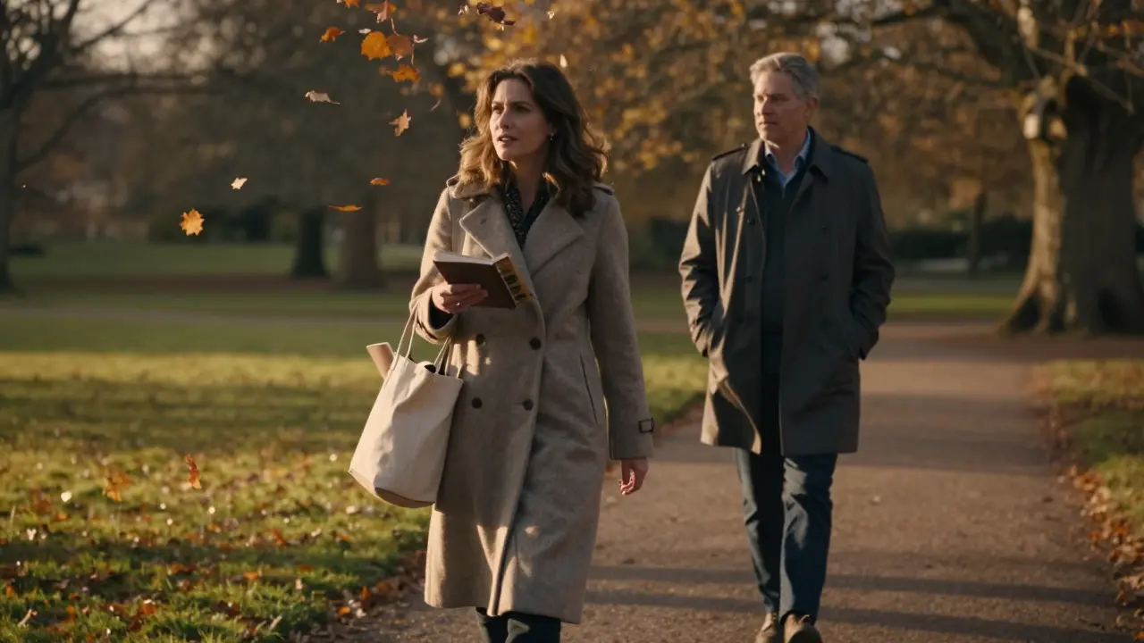 A woman walks through Richmond Park at sunset, accompanied by a man listening in respectful silence.
