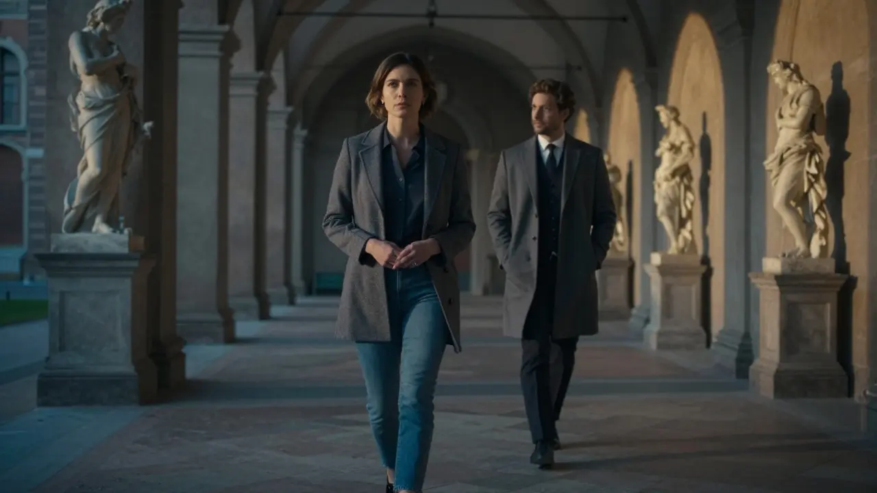 A woman walks through Sforza Castle at dusk, a man following quietly behind, bathed in golden light as they share silent companionship.