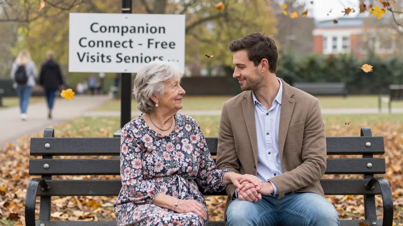 An elderly woman and a male companion holding hands on a Camden park bench under falling leaves.
