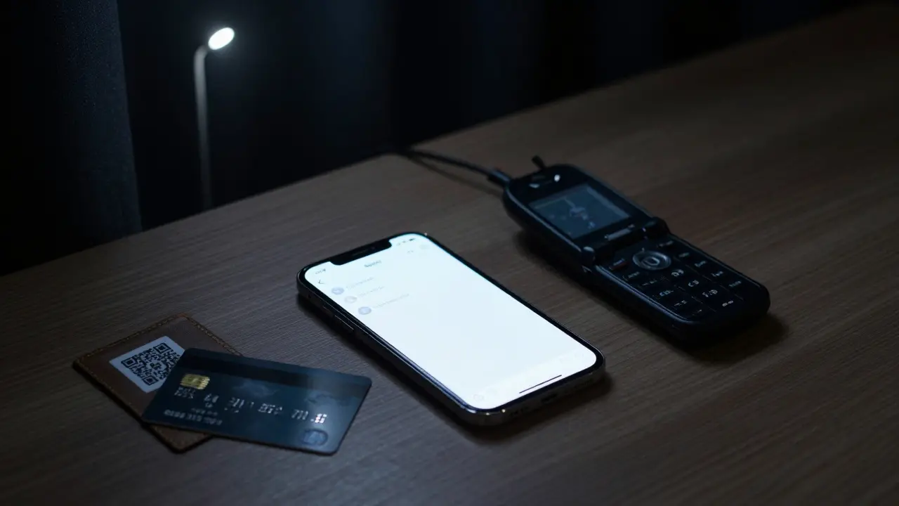 An encrypted phone, prepaid card, and Bitcoin wallet on a wooden surface in a dark room.