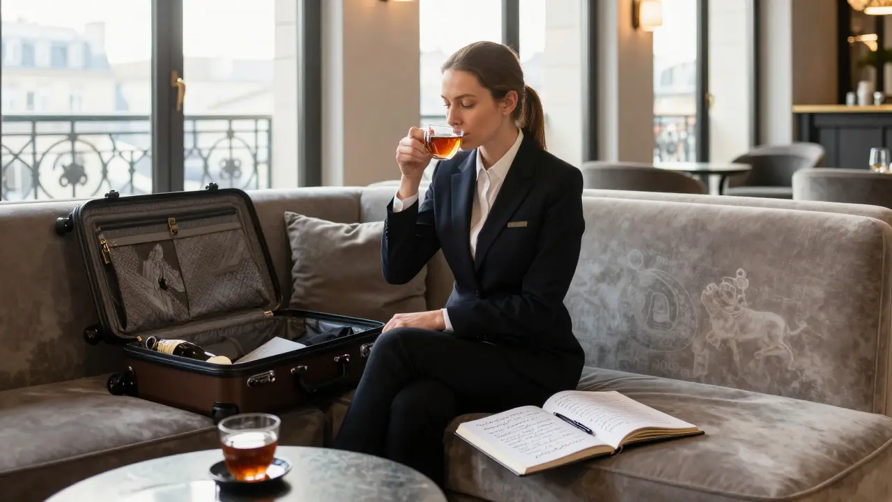 An escort in a luxury hotel lounge, preparing for a day of cultural experiences in Paris.