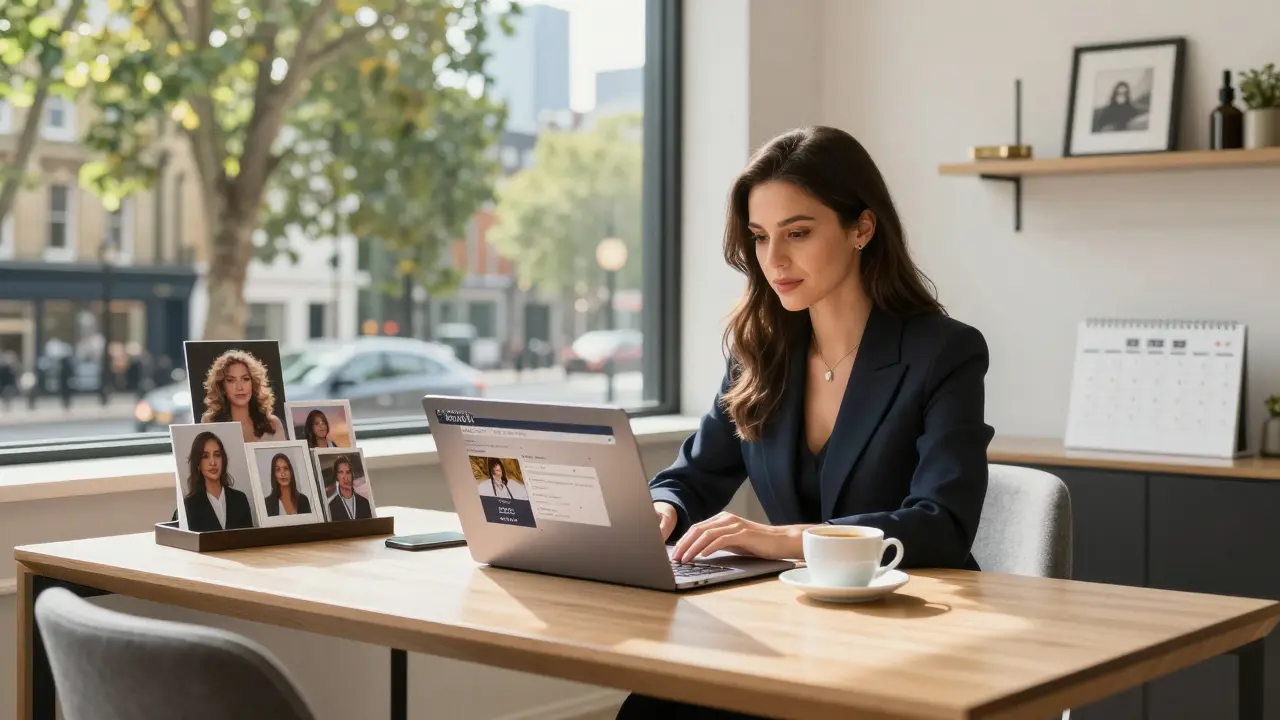 An independent escort works from a bright, tidy London apartment, managing bookings on her laptop.