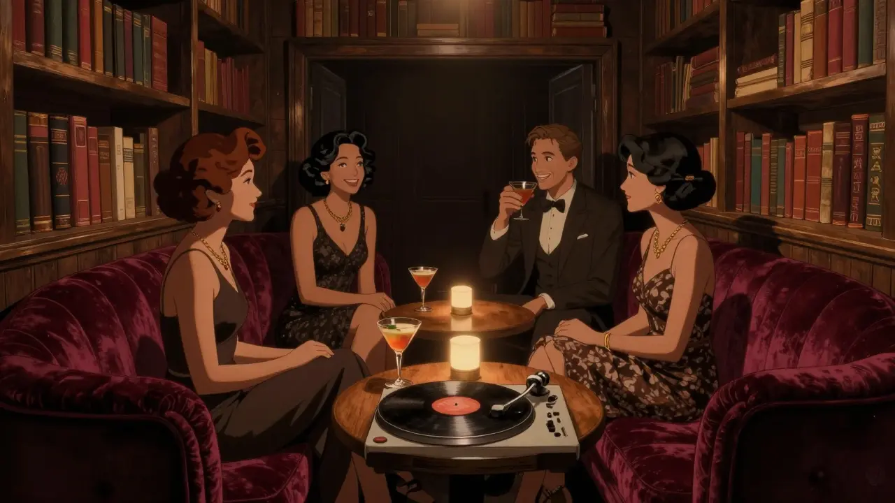 An intimate underground bar hidden behind bookshelves, lit by warm amber light and filled with soft laughter.