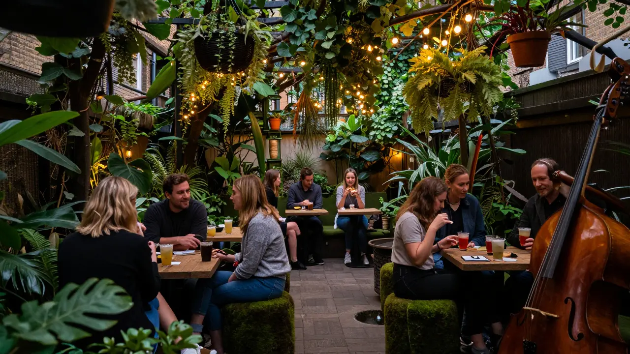 An ivy-covered urban bar with fairy lights and mossy seating, serving herbal cocktails in a quiet garden setting.