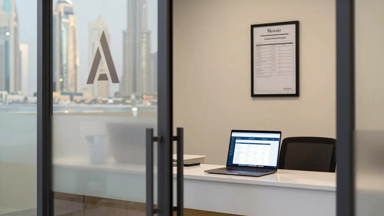 An upscale Dubai escort agency office with a clean reception desk and verification checklist visible through a glass door.