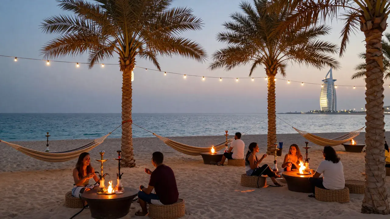 Beachfront shisha lounge at dusk with fire pits, hammocks, and ocean view under string lights.
