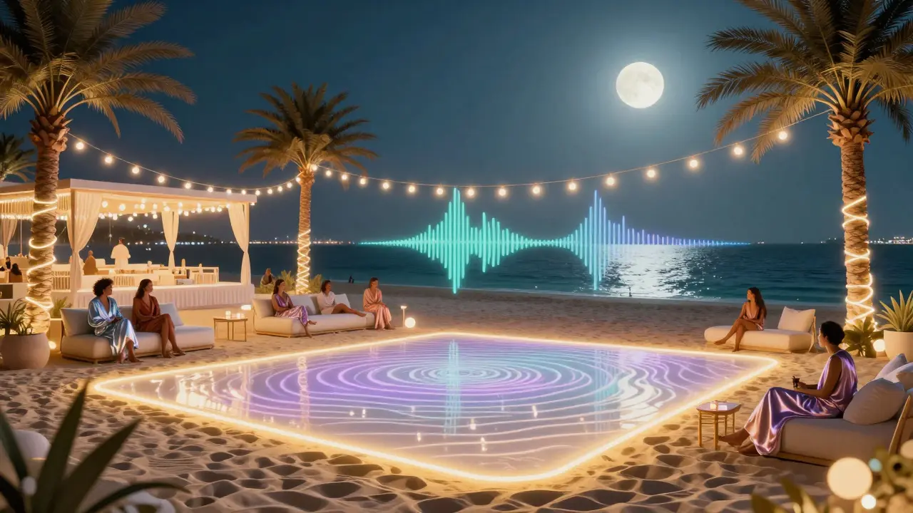 Beachside nightclub with glowing sand, neon palm trees, and guests relaxing by the ocean under soft lights.