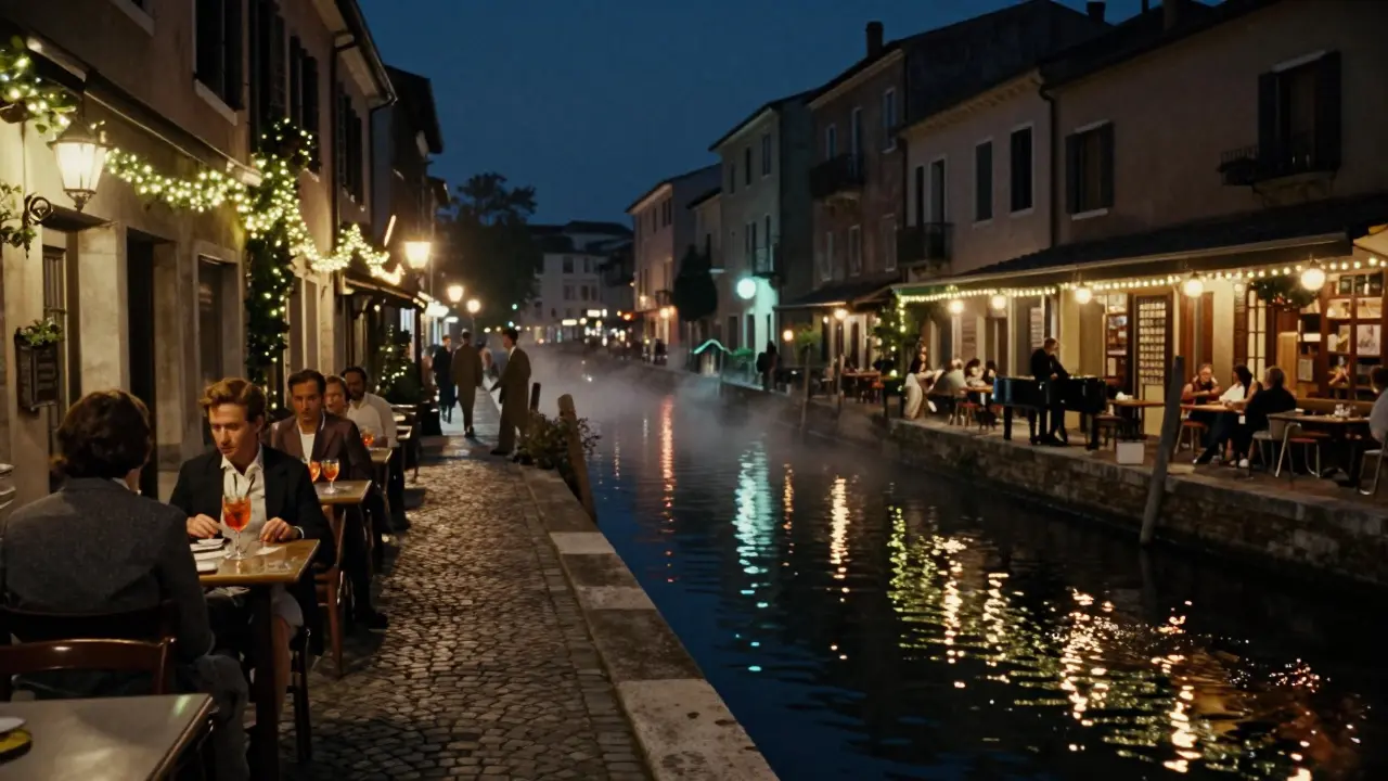 Canal-side bars at night with string lights reflecting on water, people sipping drinks under midnight skies.
