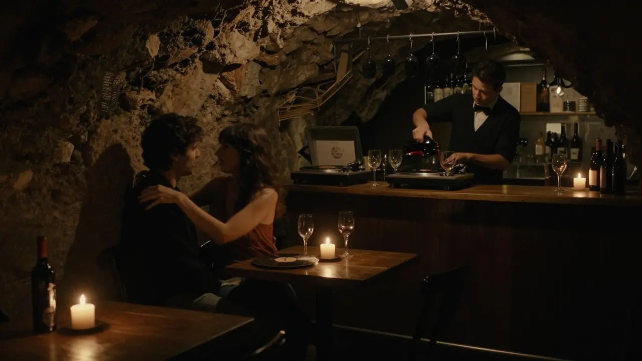 Candlelit cellar bar with vinyl records and a couple slow-dancing in soft light.