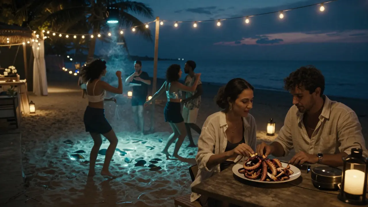Couples dancing barefoot on a moonlit beach at night, with underwater lights glowing and lanterns lining the path.