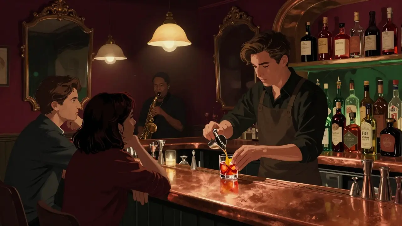 Cozy bar interior in Brera with a bartender making a cocktail and a jazz musician playing nearby.