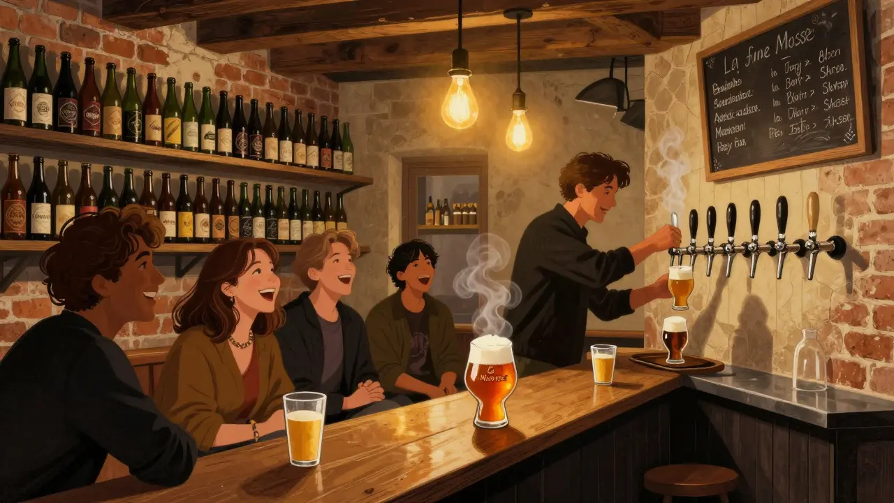 Cozy cellar-style beer bar with shelves of bottles and a brewer pouring a fresh tap takeover.